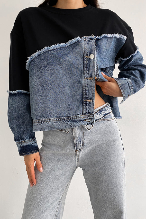 Asimetrik Düğmeli Kot Detaylı Tasarım Sweatshirt - Lacivert