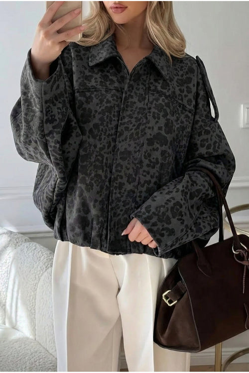 Kadın Oversize Leopar Desen %100 Pamuk Astarlı Fermuarlı Süet Mont - Antrasit