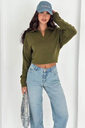 Kadın Polo Yaka Oversize Triko Kazak - Standart Beden Yumuşak Dokulu - Haki