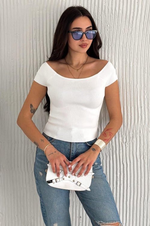 Kadın Standart Beden Triko Crop Bluz - Beyaz