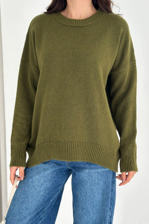 Kadın Standart Beden Oversize Basic Triko Kazak - Haki
