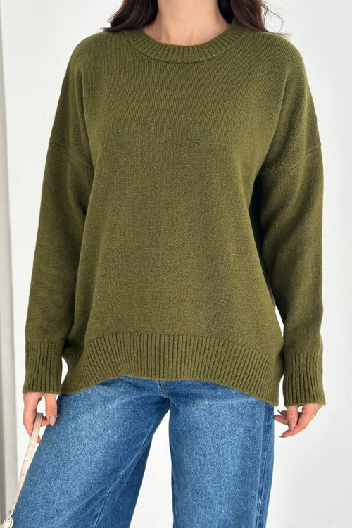 Kadın Standart Beden Oversize Basic Triko Kazak - Haki