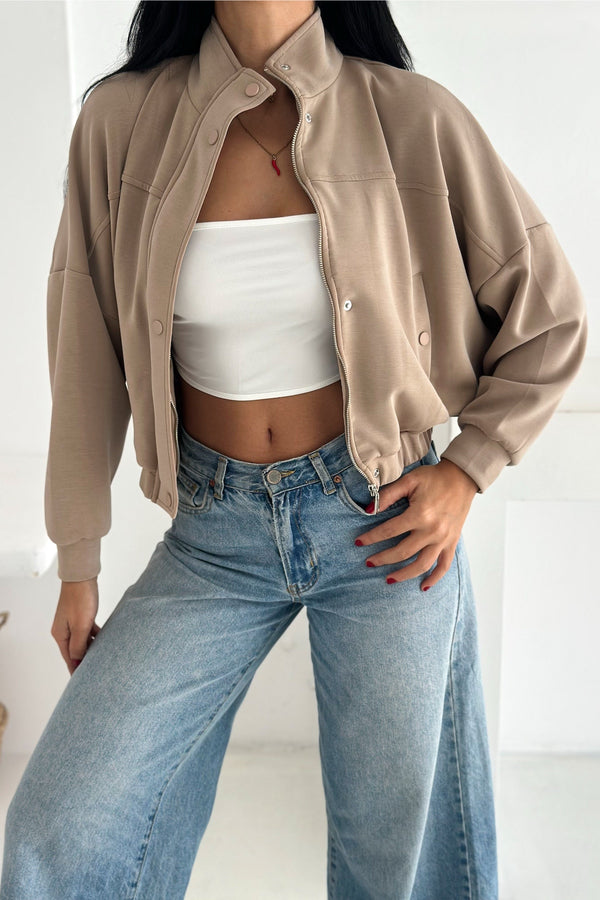 Kadın Fermuarlı Düğmeli Modal Kumaş Premium Crop Ceket - Taba