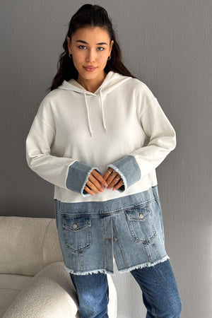Kadın Kapüşonlu Kot Denim Detaylı Düğmeli Tasarım Sweatshirt - Beyaz