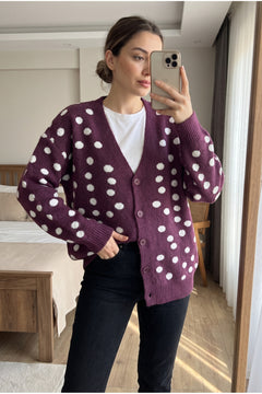 Puantiyeli Oversize Triko Hırka Standart Beden - Mürdüm