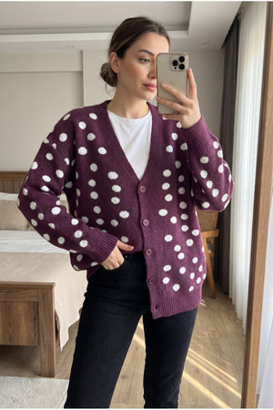 Puantiyeli Oversize Triko Hırka Standart Beden - Mürdüm
