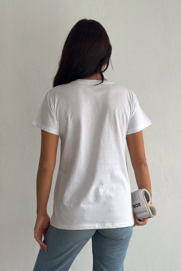 Kadın V Yaka Omzu Yaprak Pul Payet İşlemeli %100 Pamuk T-Shirt - Beyaz