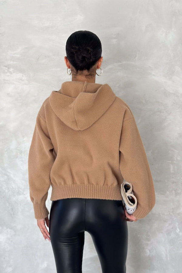 Kadın Standart Beden Kapüşonlu Peluş Triko Sweatshirt - Kahverengi
