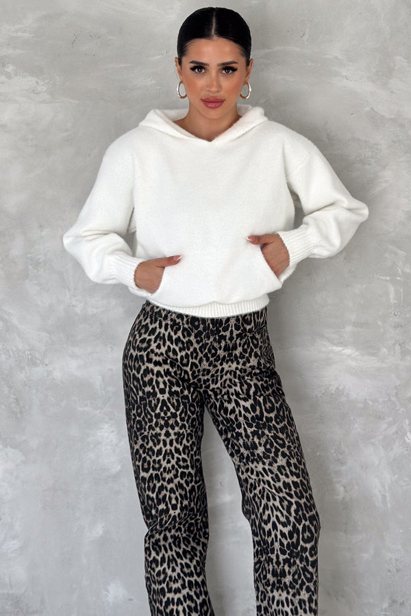 Kadın Standart Beden Kapüşonlu Peluş Triko Sweatshirt - Beyaz