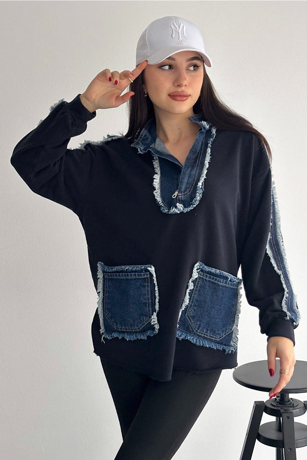 Kadın Fermuarlı Cepli Kot Denim Detaylı Sweatshirt - Lacivert