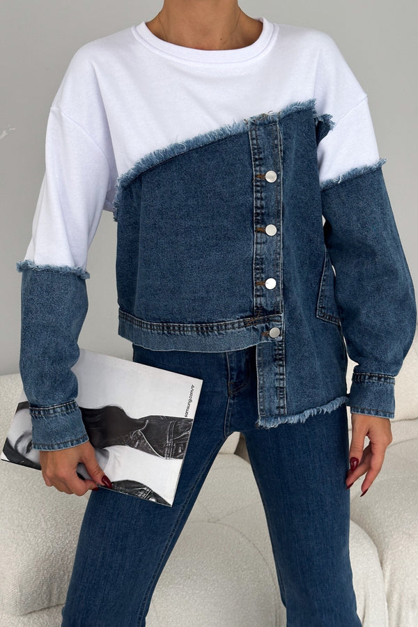 Asimetrik Düğmeli Kot Detaylı Tasarım Sweatshirt - Beyaz