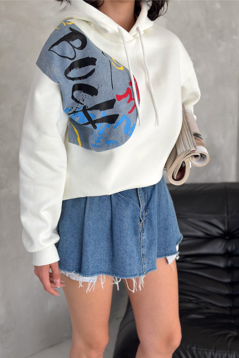 Kadın Kot Detaylı İçi Pamuklu Kapüşonlu Sweatshirt - Beyaz