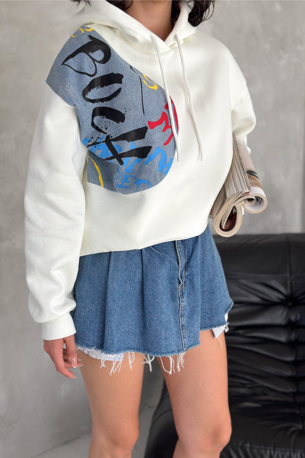 Kadın Kot Detaylı İçi Pamuklu Kapüşonlu Sweatshirt - Beyaz