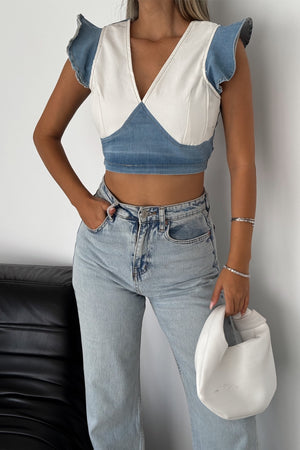 Kadın Sırtı Fermuarlı Crop Kot Bluz - Mavi