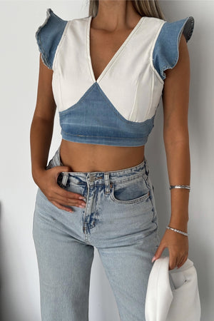 Kadın Sırtı Fermuarlı Crop Kot Bluz - Mavi