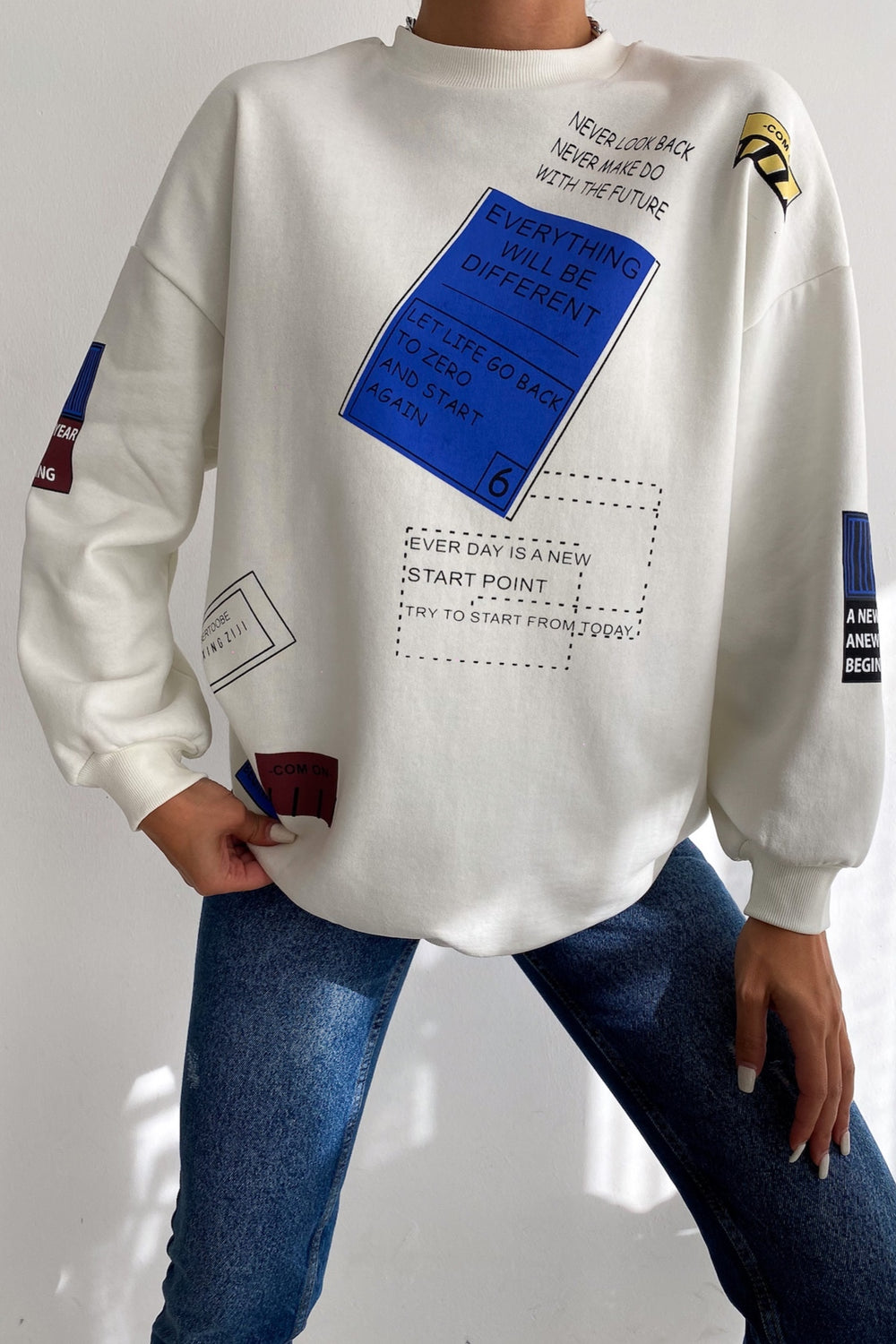 Kadın Düşük Omuz 3 İplik Şardonlu Oversize Pamuk Sweatshirt - Beyaz