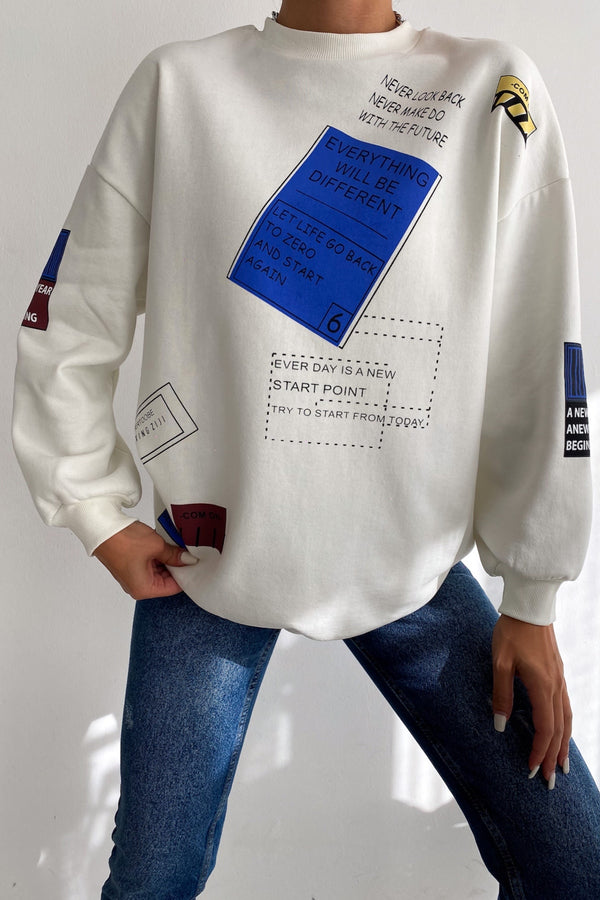 Kadın Düşük Omuz 3 İplik Şardonlu Oversize Pamuk Sweatshirt - Beyaz