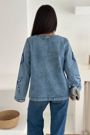 Etnik Desenli Pul Payet Nakışlı Denim Kot Ceket Vintage Bohem Tarz - Mavi