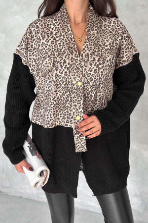 Kadın Kahverengi Standart Beden Desen Triko Detaylı Tasarım Oversize Kot Ceket - Leopar