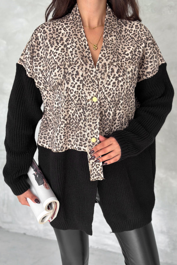 Kadın Kahverengi Standart Beden Desen Triko Detaylı Tasarım Oversize Kot Ceket - Leopar