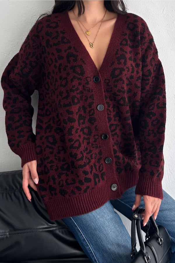 Kadın Standart Beden Leopar Desen Oversize Triko Hırka - Bordo