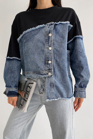 Asimetrik Düğmeli Kot Detaylı Tasarım Sweatshirt - Lacivert