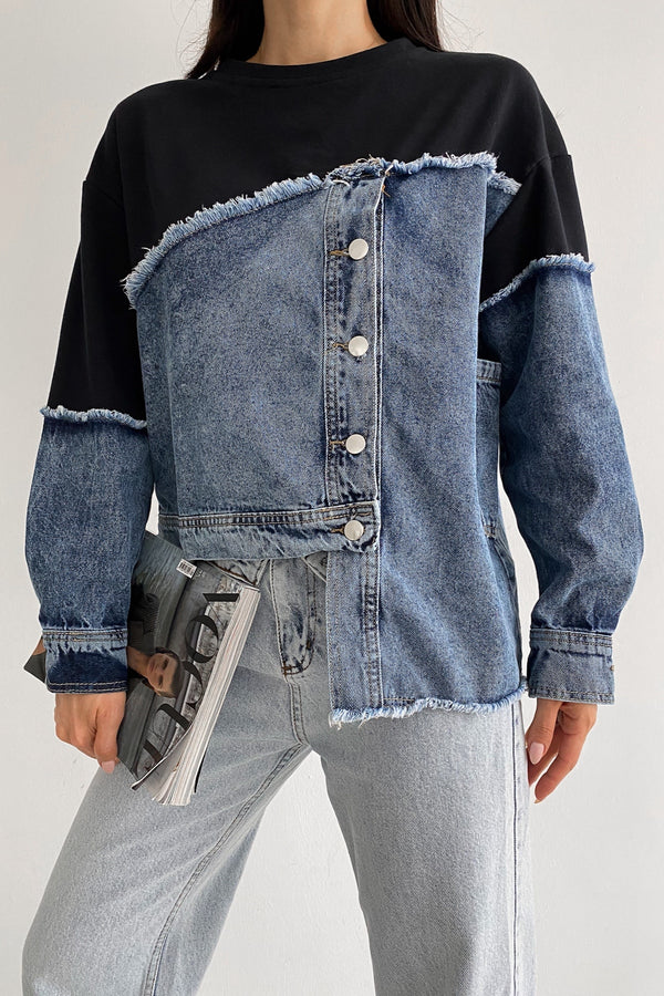 Asimetrik Düğmeli Kot Detaylı Tasarım Sweatshirt - Lacivert