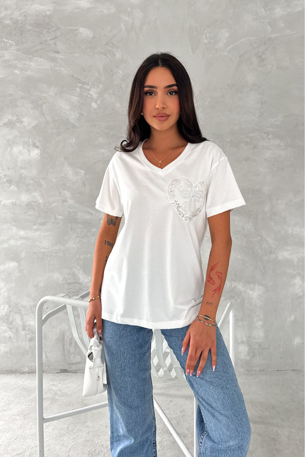 Kadın V Yaka Boncuk Ve Pul İşlemeli Kurdela Desen %100 Pamuk T-shirt - Beyaz