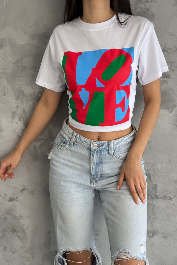 Kadın Love Baskılı Pamuk Tişört - Beyaz