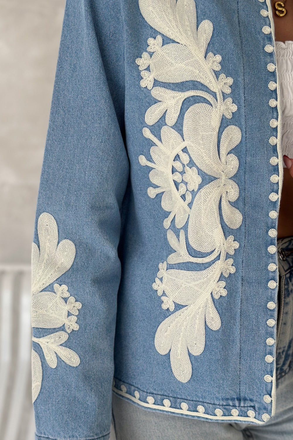Kadın Mavi Vintage Nakışlı Kot Denim Ceket - Lacivert