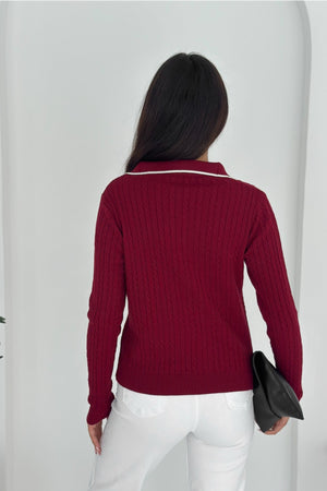 Kadın Polo Yaka Standart Beden Triko Bluz - Bordo