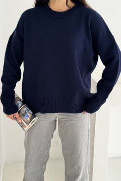 Kadın Standart Beden Oversize Basic Triko Kazak - Lacivert
