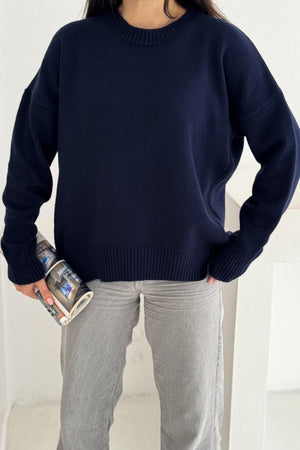 Kadın Standart Beden Oversize Basic Triko Kazak - Lacivert