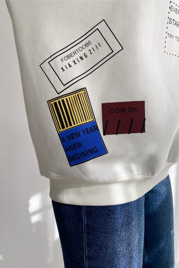 Kadın Düşük Omuz 3 İplik Şardonlu Oversize Pamuk Sweatshirt - Beyaz