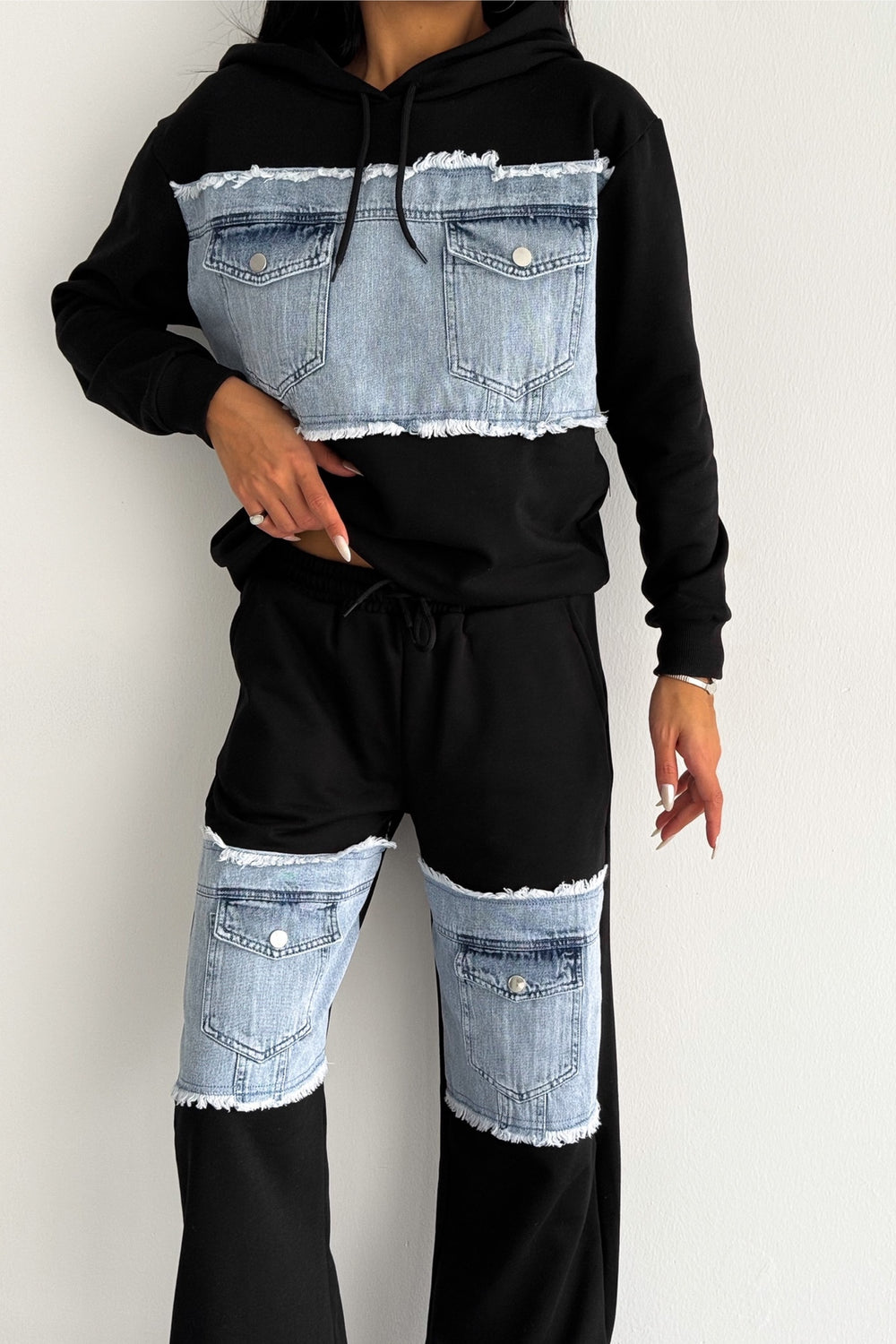 Denim Kot Garnili Cep Detaylı Kapüşonlu Alt-Üst Takım - Siyah