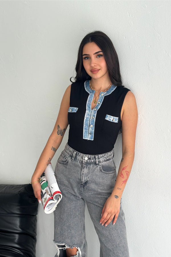 Kadın Kot Detaylı Pul Payet İşlemeli %100 Pamuk Kolsuz Triko Bluz - Siyah
