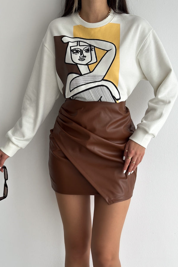 Nakış İşlemeli - İçi Pamuklu Sweatshirt - Ekru