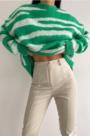 Kadın Yeni Sezon Zebra Desen Standart Beden Geniş Kalıp Oversize Triko Kazak - Yeşil