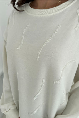 Kadın Boncuk İşlemeli %100 Pamuk Sweatshirt - Beyaz