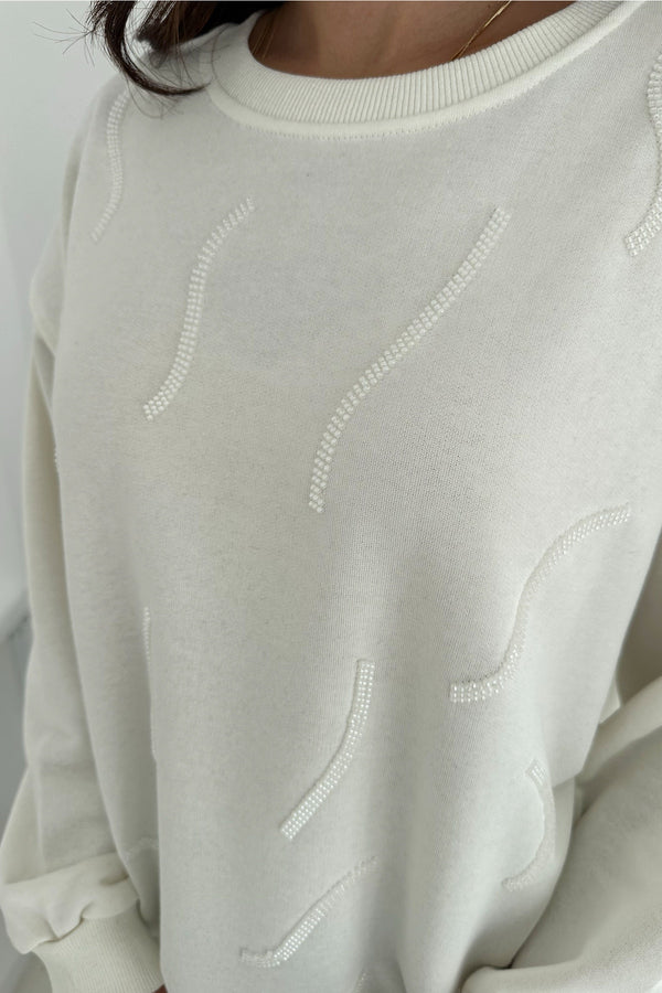 Kadın Boncuk İşlemeli %100 Pamuk Sweatshirt - Beyaz