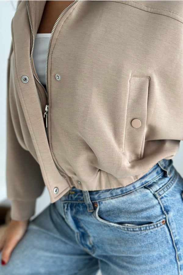 Kadın Fermuarlı Düğmeli Modal Kumaş Premium Crop Ceket - Taba