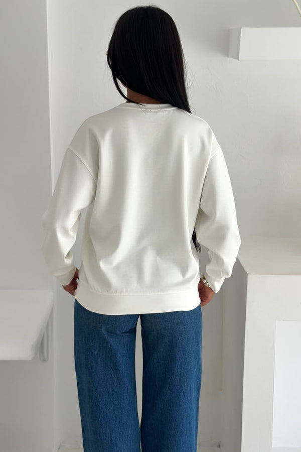 Modal Kumaş Basic Sweatshirt - Beyaz
