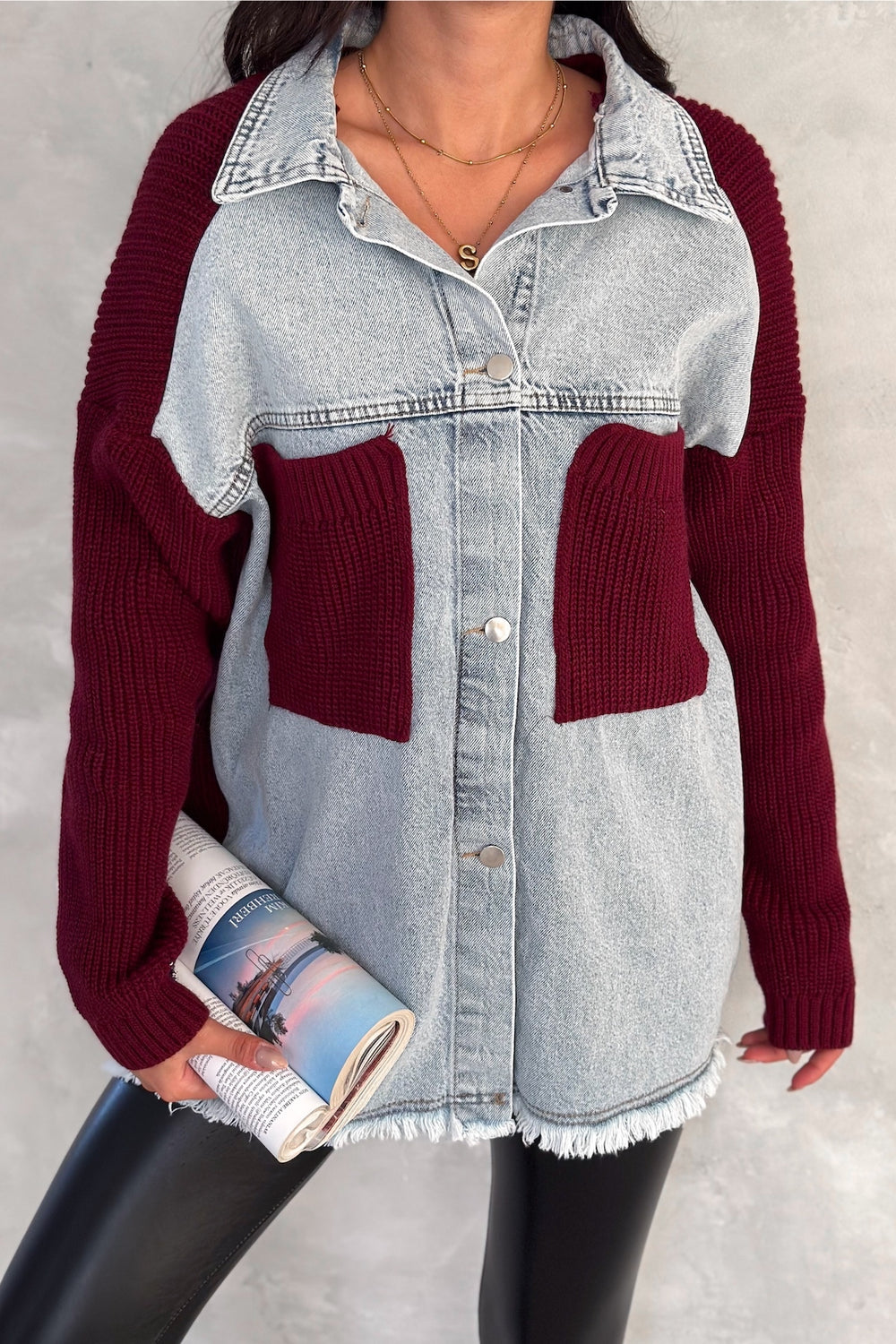Kadın Kolları Ve Cebi Trikolu Oversize Denim Kot Garnili Hırka - Bordo