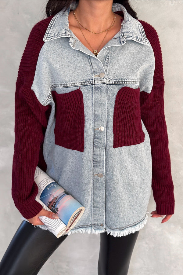 Kadın Kolları Ve Cebi Trikolu Oversize Denim Kot Garnili Hırka - Bordo