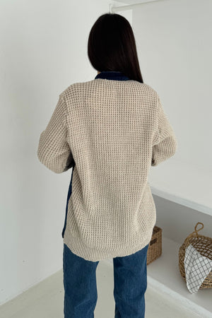 Kolları Ve Sırtı Triko Kot Denim Oversize Hırka Cepli Standart Beden - Bej