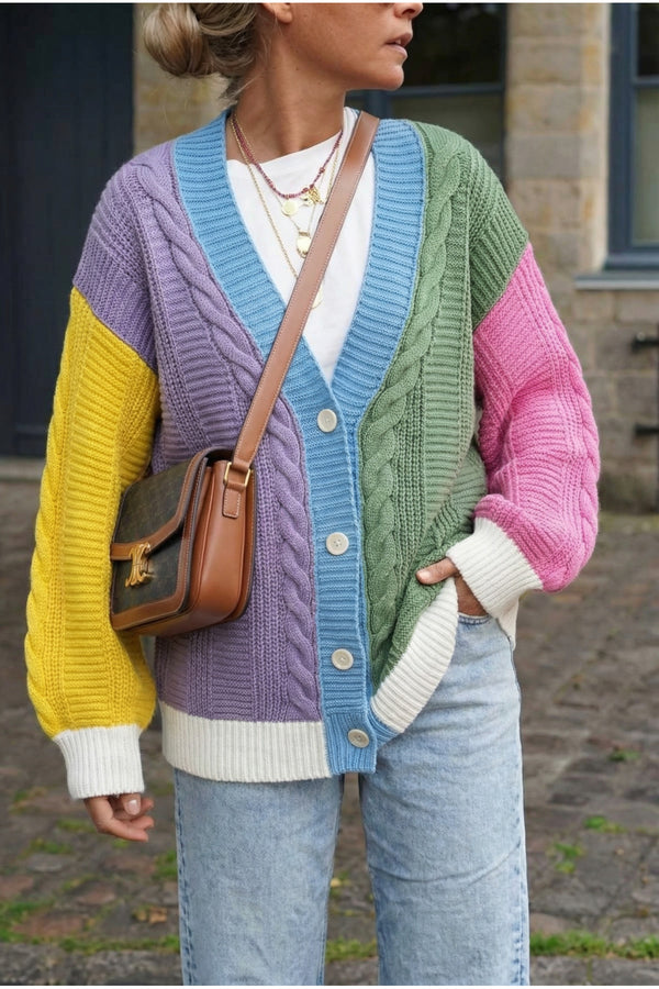 Çok Renkli Salaş Oversize Örme Triko Hırka - Standart Beden - Çağla