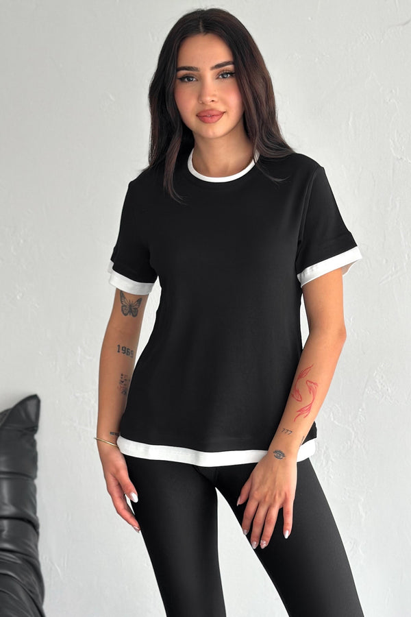 Kadın Yuvarlak Yaka Şerit Detaylı %100 Pamuk T-shirt - Siyah