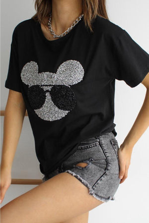 Kadın Yeni Sezon Bisiklet Yaka Pamuklu T-shirt - Siyah