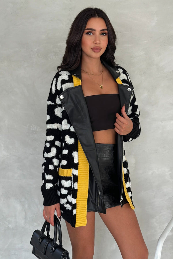 Kadın Leopar Desen Fermuarlı Derili Oversize Triko Hırka - Sarı