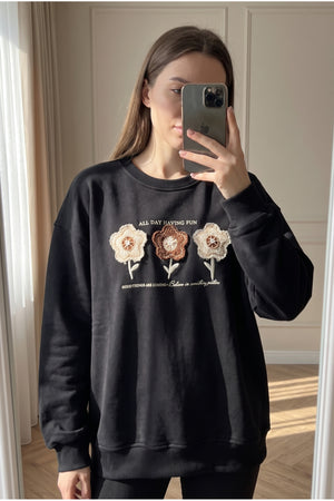 %100 Pamuk Boncuk Ve Nakış İşlemeli Sweatshirt - Siyah